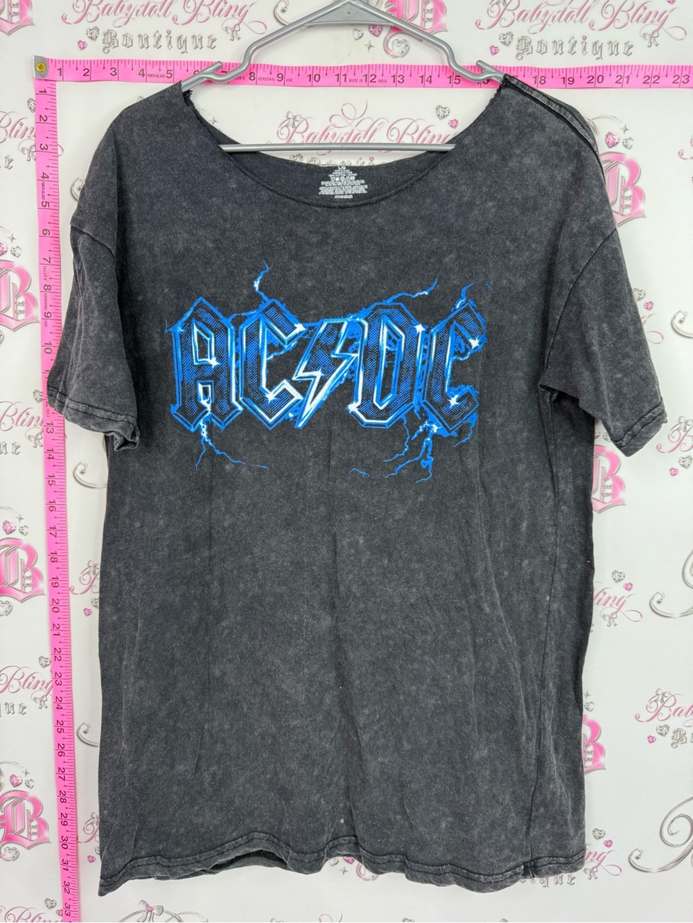 AC/DC tshirt band Black Mineral-Wash Short Sleeve Tee 1977 Electric Blue Logo